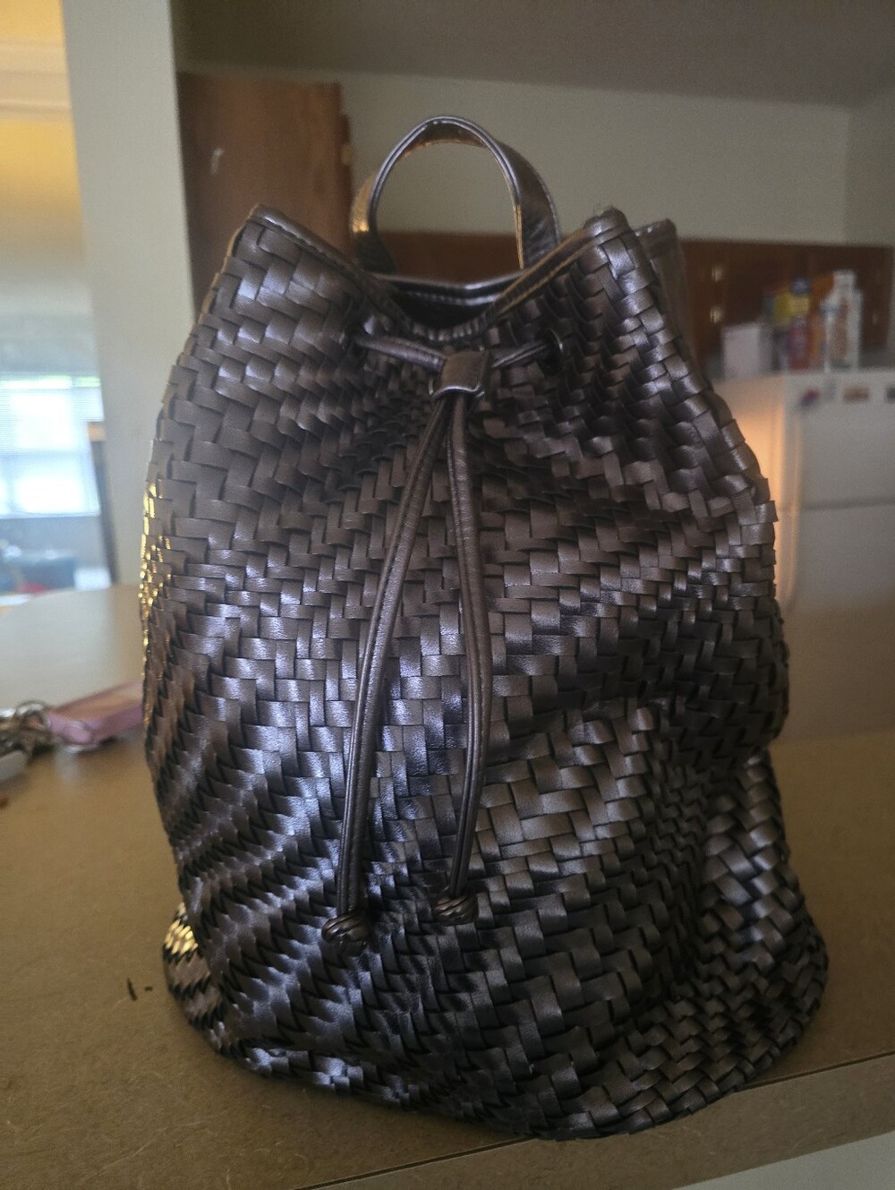Woven Drawstring Backpack - Black